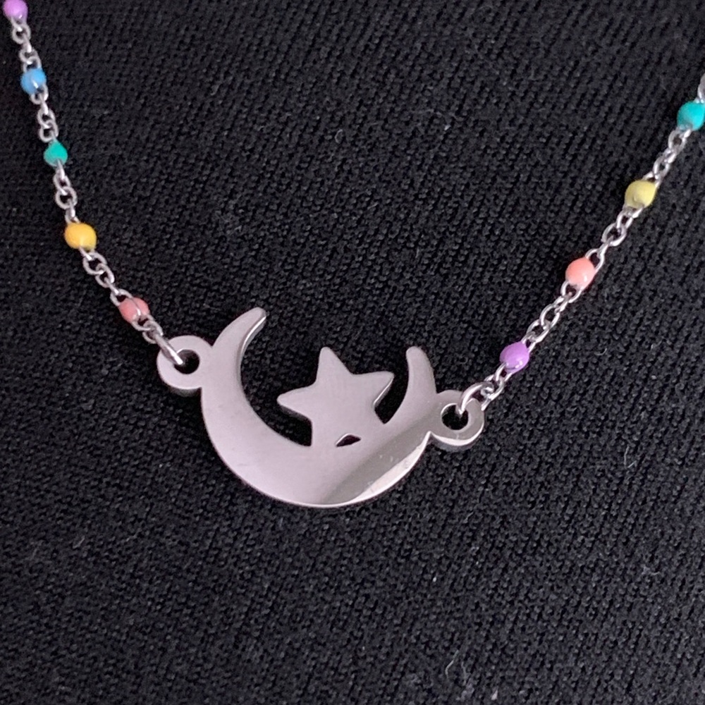 Sterling Silver Star and Moon Necklace with Multicolor Beads